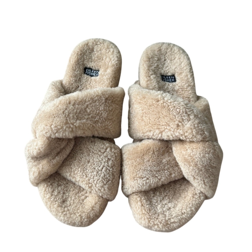 Eileen Fisher Dello Shearling Slides Sandals Beige Lamb Fur Slippers 8.5 NWOB